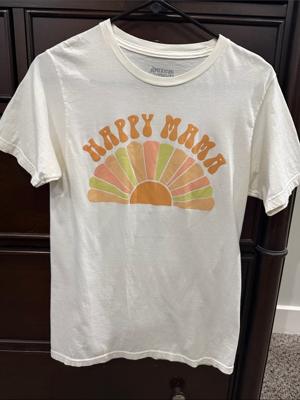 American Eagle Outfitters Cream Graphic Tee with Orange, Pink & Light Green Sun